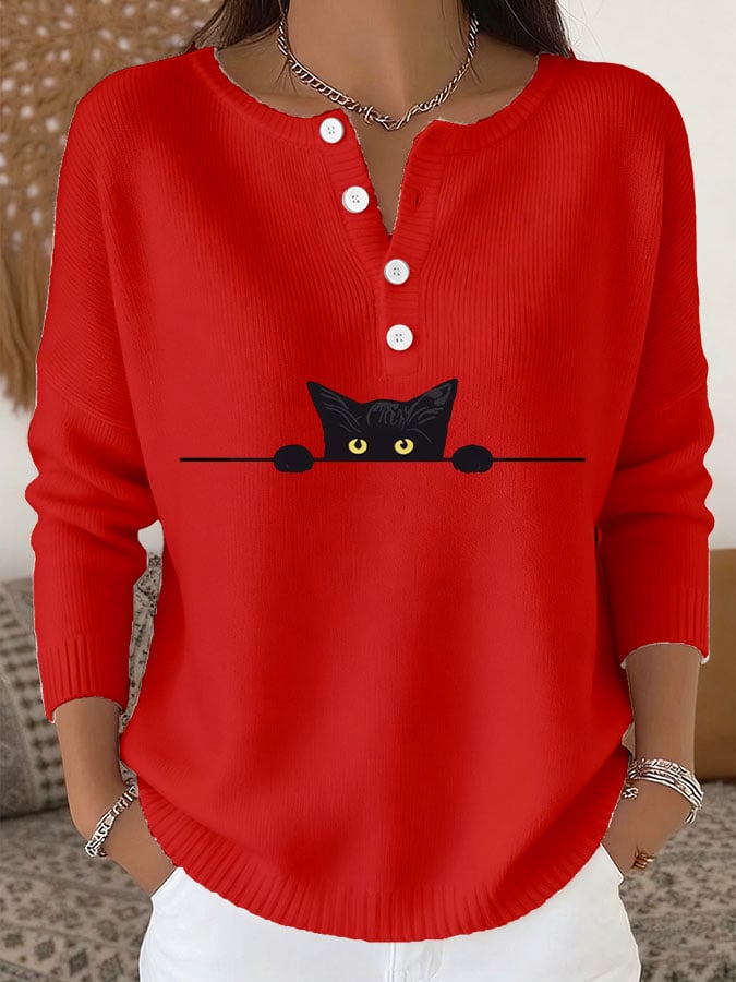 Women's Casual Cat Print Knit Top
