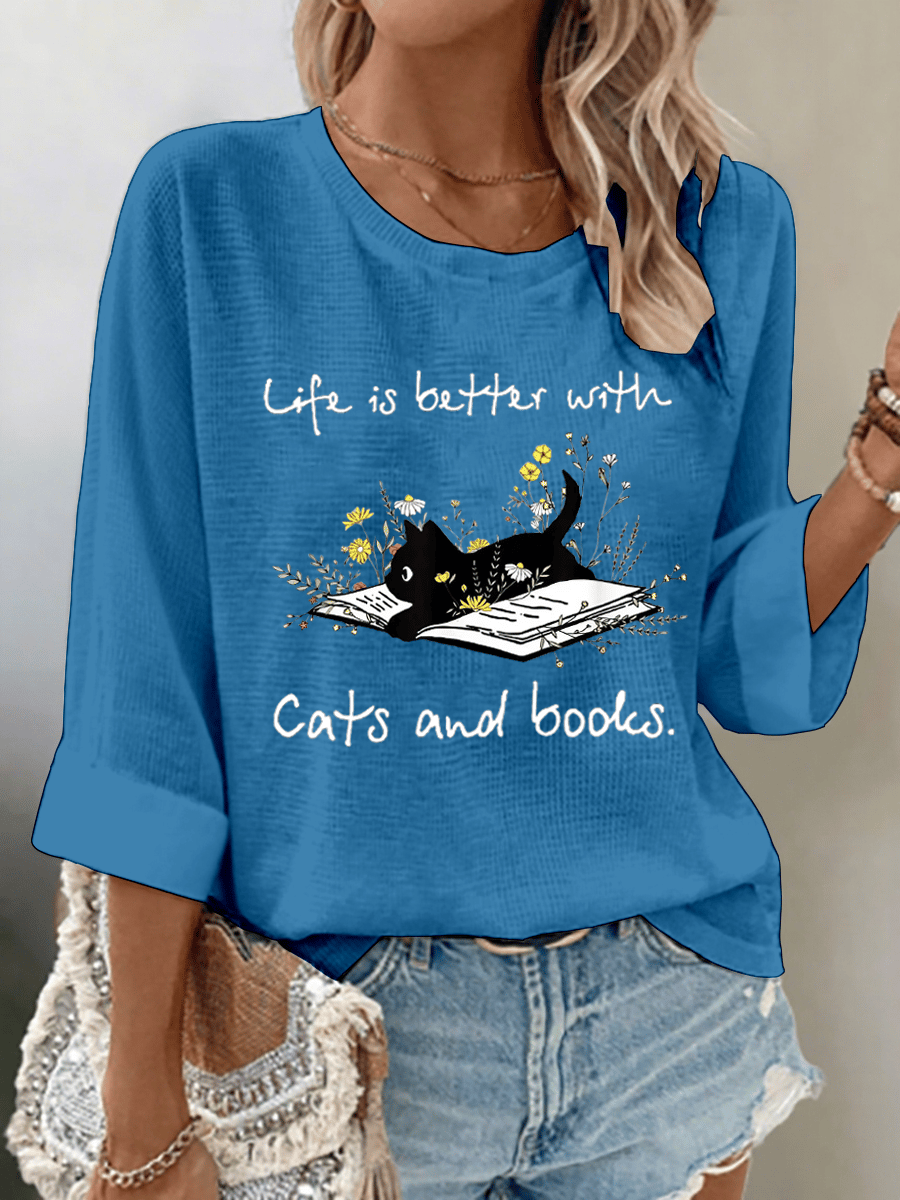 Women's Life Is Better With Cats And Books Print Waffle Fabric 3/4 Sleeve Top