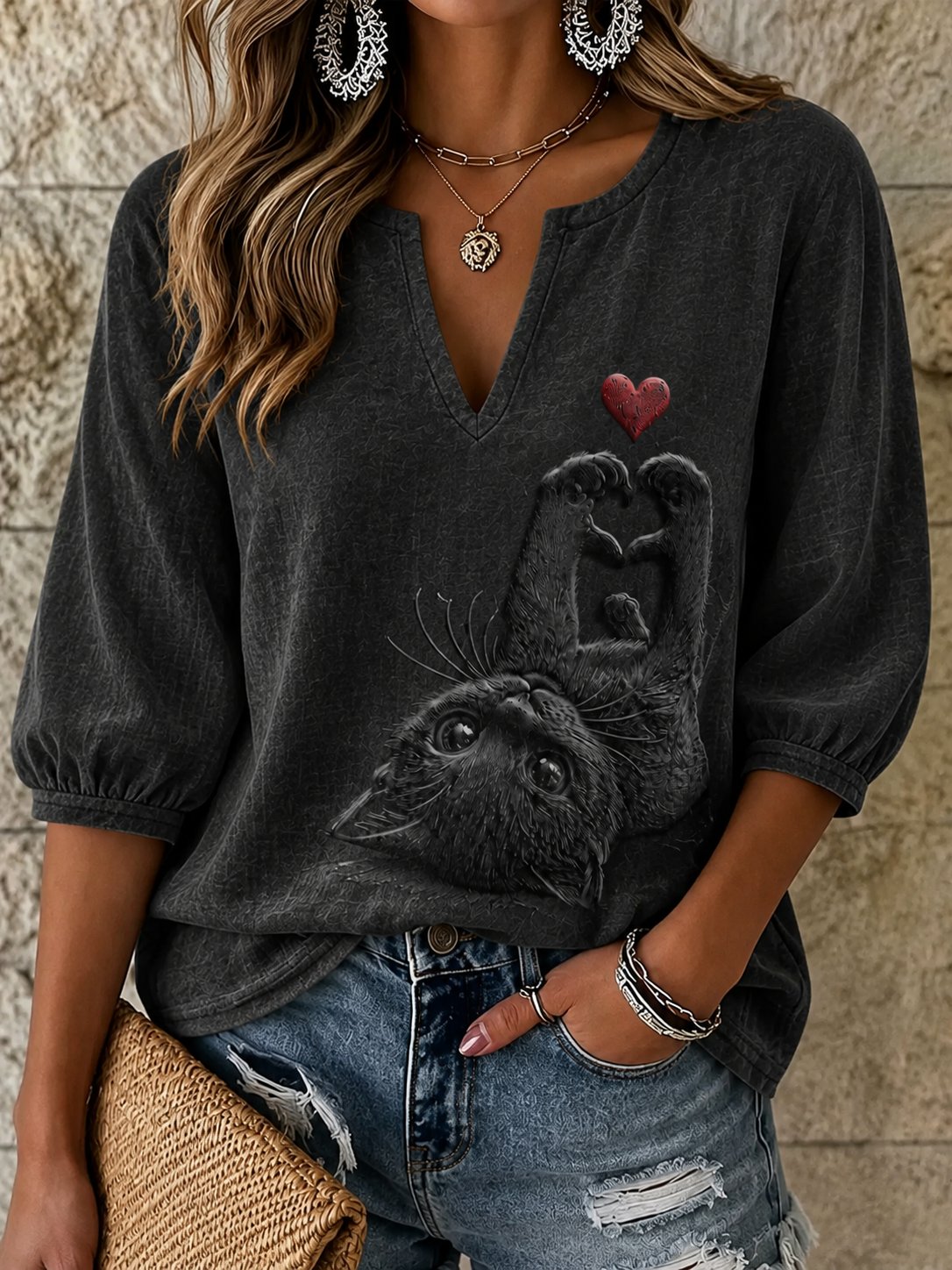 Women's Vintage Casual Cat Print Shirt