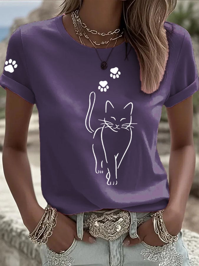 Women'S Cute Cat print Casual T-Shirt