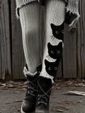 Women's Autumn and Winter Halloween Retro Three-Dimensional Sweater Textured Curious Three Little Black Cats Printed Holiday Pants