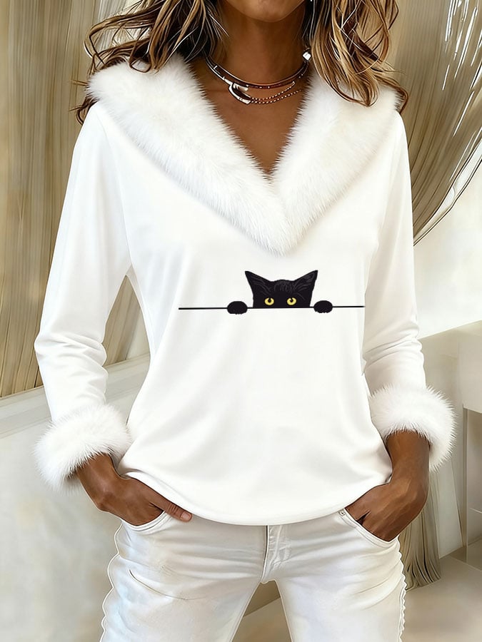 Women's Casual Cat Print Fur Collar Top