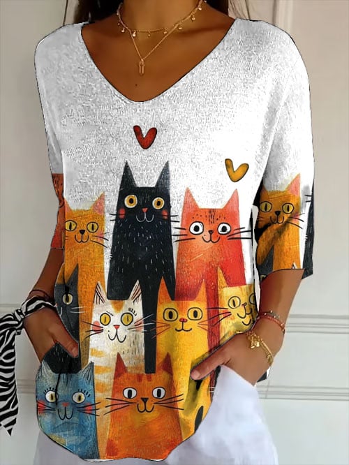 🐾Buy 3 Save 10%🐱Women's Retro Funny Animal Cat Print Shirt💛100% For Shelter Pets🐱🐶