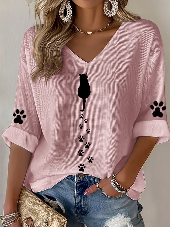 🐾Buy 3 Save 10%🐱Women's Cute Cat Print Waffle T-shirt💛100% For Shelter Pets🐱🐶