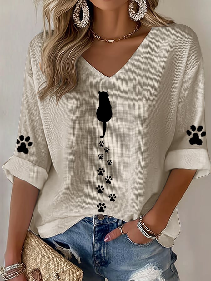 🐾Buy 3 Save 10%🐱Women's Cute Cat Print Waffle T-shirt💛100% For Shelter Pets🐱🐶