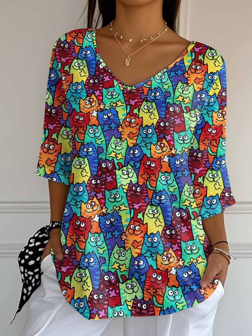 🐾Buy 3 Save 10%🐱Women's Retro Funny Animal Cat Print Mid Sleeve T-Shirt💛100% For Shelter Pets🐱🐶
