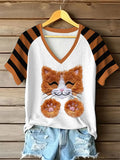 Women's Retro Cute Cat  Print Raglan Short Sleeve T-Shirt