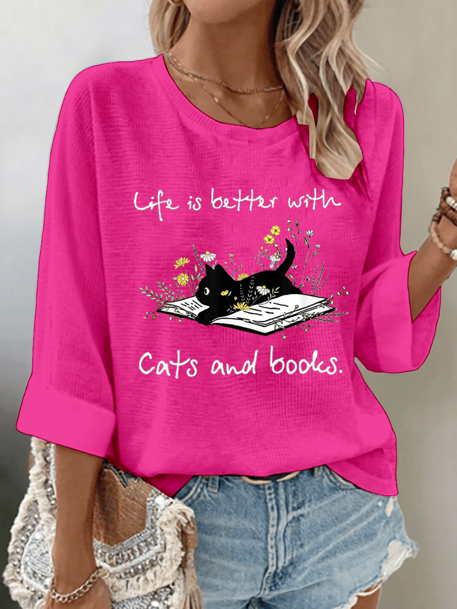 Women's Life Is Better With Cats And Books Print Waffle Fabric 3/4 Sleeve Top