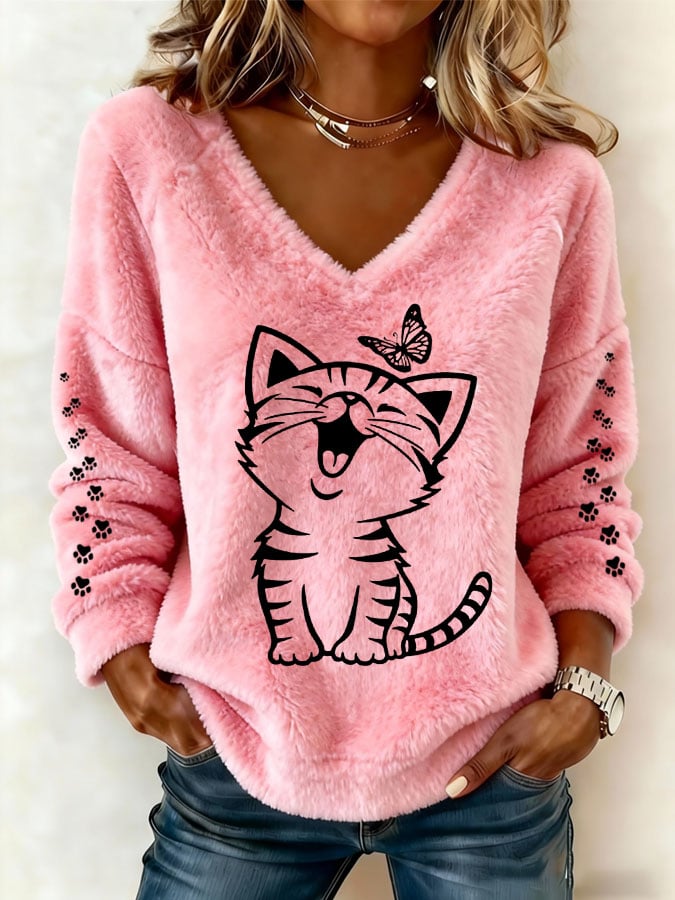 Women's Cute Cat Print Casual Flannel Top