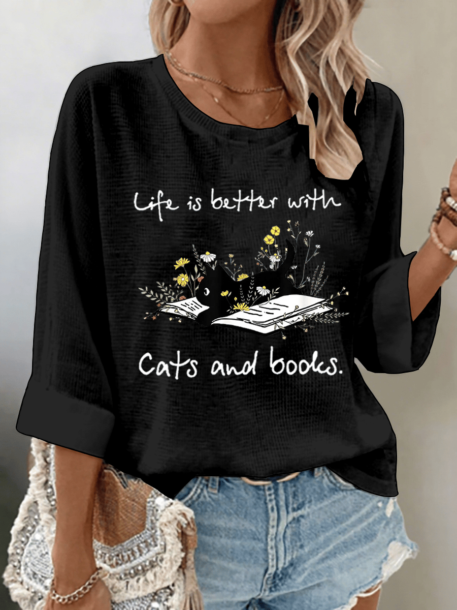 Women's Life Is Better With Cats And Books Print Waffle Fabric 3/4 Sleeve Top
