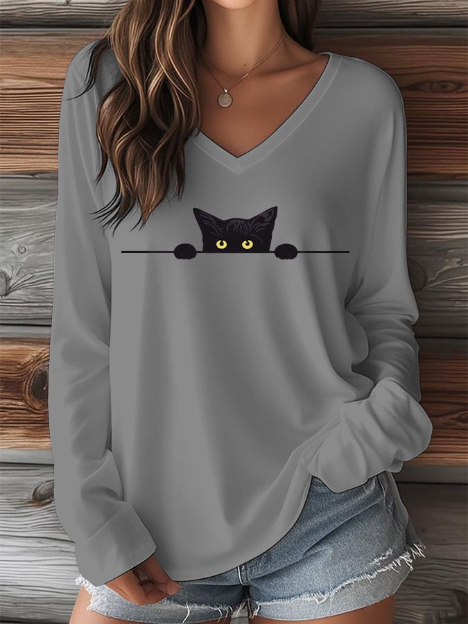 Women's Cat Print V-Neck Long Sleeve T-Shirt