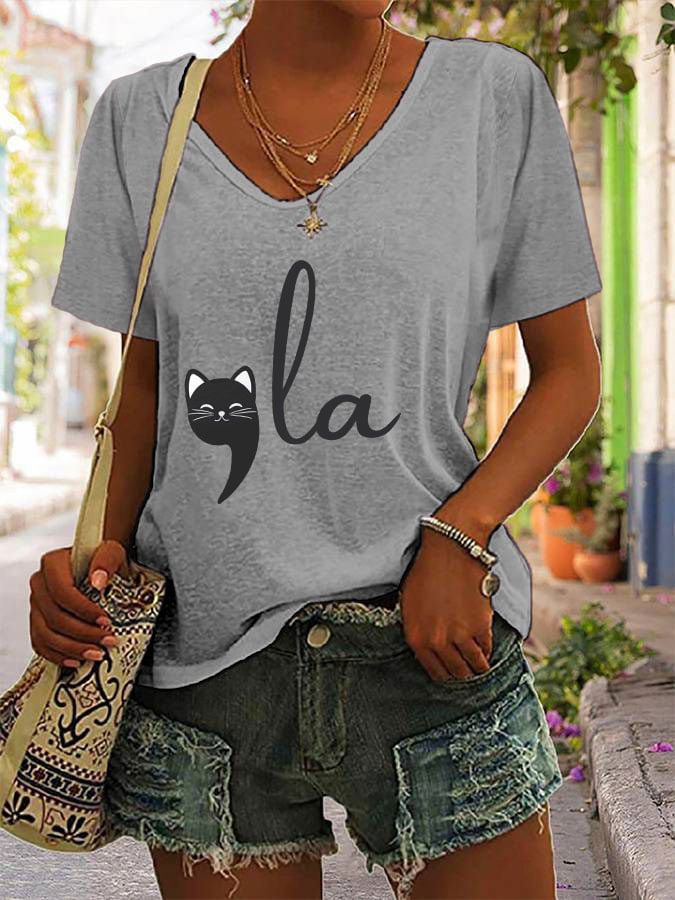 Women's La Cat Print V-Neck T-Shirt