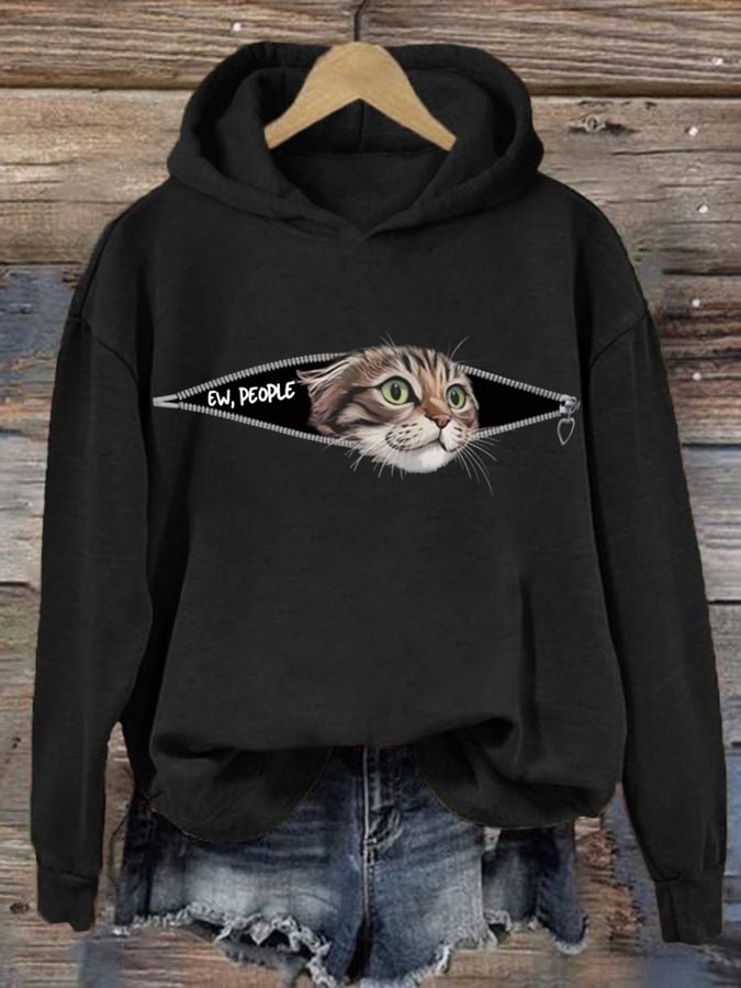 Women's Ew People Cat Print Hoodie