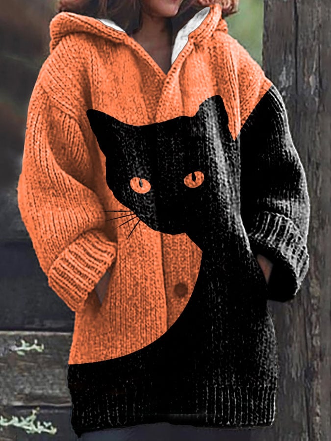 Women's Casual Cat Print Knitted Fabric Plush Jacket