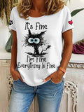 🐾Buy 3 Save 10%🐱Women's Retro It'S Fine I'M Fine Everything Is Fine Cat Print T-Shirt💛100% For Shelter Pets🐱🐶