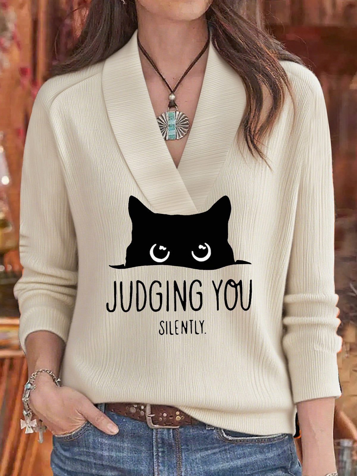 Women's Fall Look Black Cat Halloween Print Casual V-Neck Top