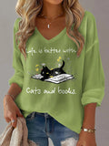 Women's 'life Is Better With Cats And Books' Cat Print Waffle Long-Sleeved T-Shirt