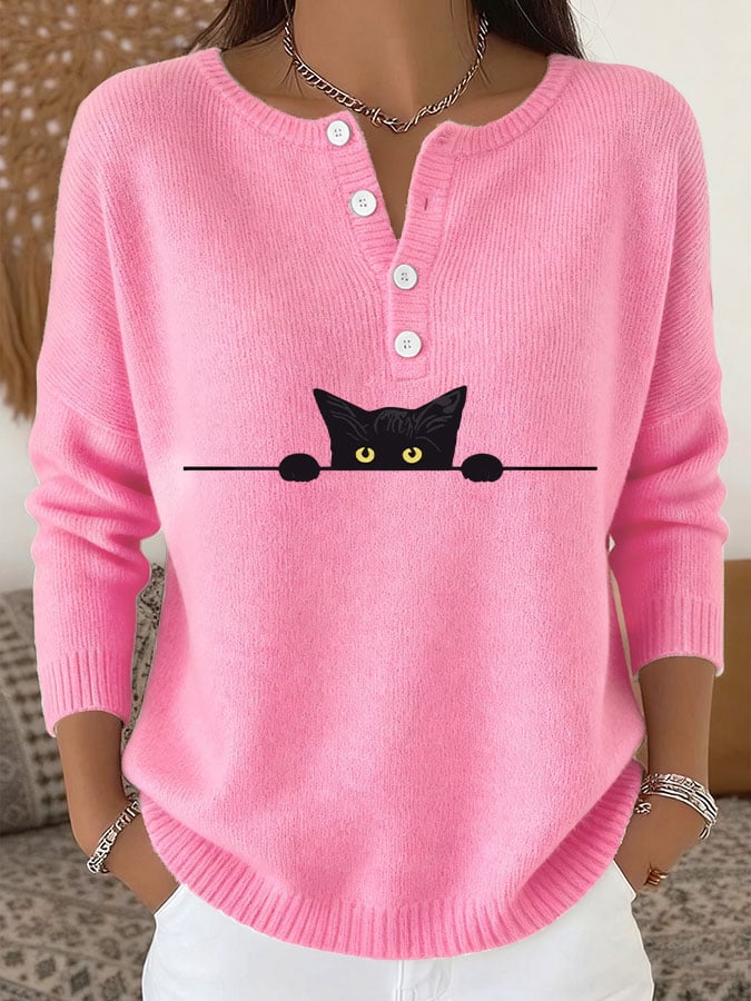 Women's Casual Cat Print Knit Top