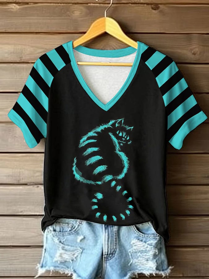 Women's Retro Cute Cat  Print Raglan Short Sleeve T-Shirt
