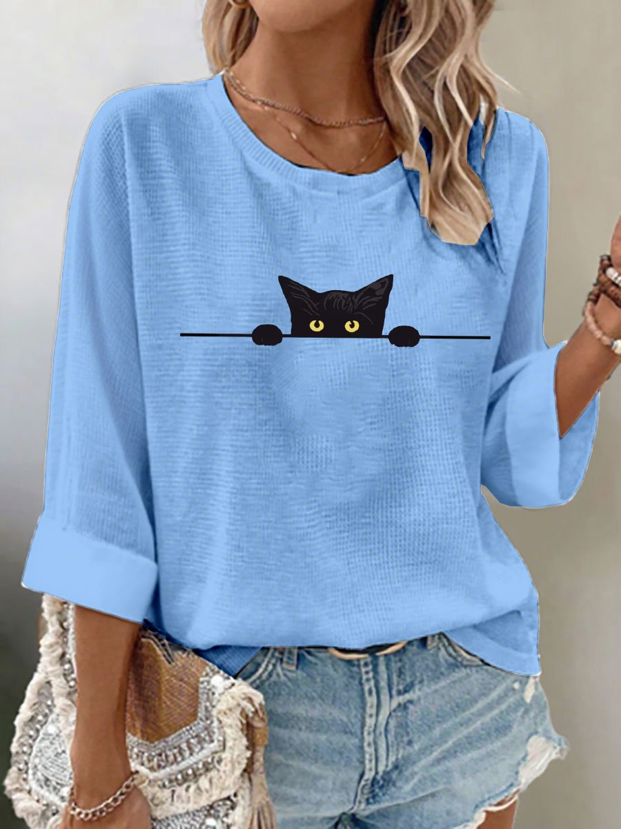 🐾Buy 3 Save 10%🐱Women's Cat Print Waffle Long Sleeve T-Shirt💛100% For Shelter Pets🐱🐶
