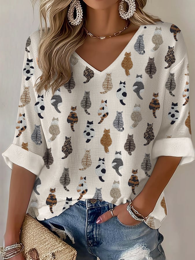 🐾Buy 3 Save 10%🐱Women's Cute Cat Print Waffle T-shirt💛100% For Shelter Pets🐱🐶