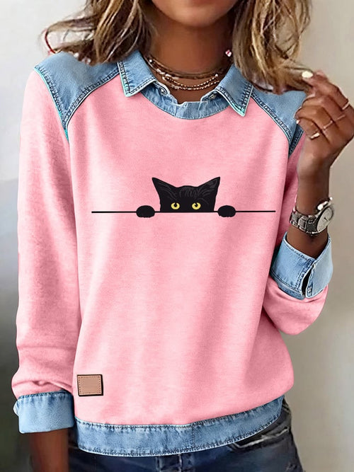 Women's Casual Cat Print Lapel Long Sleeve Top