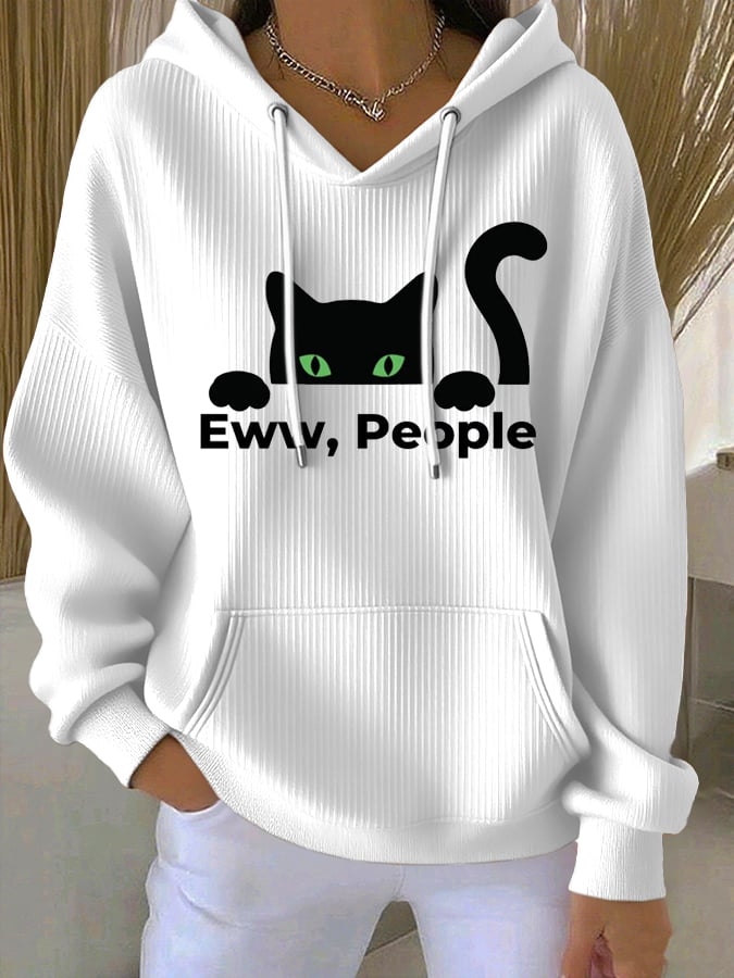 Women's Ew People Cat Print Casual Hoodie