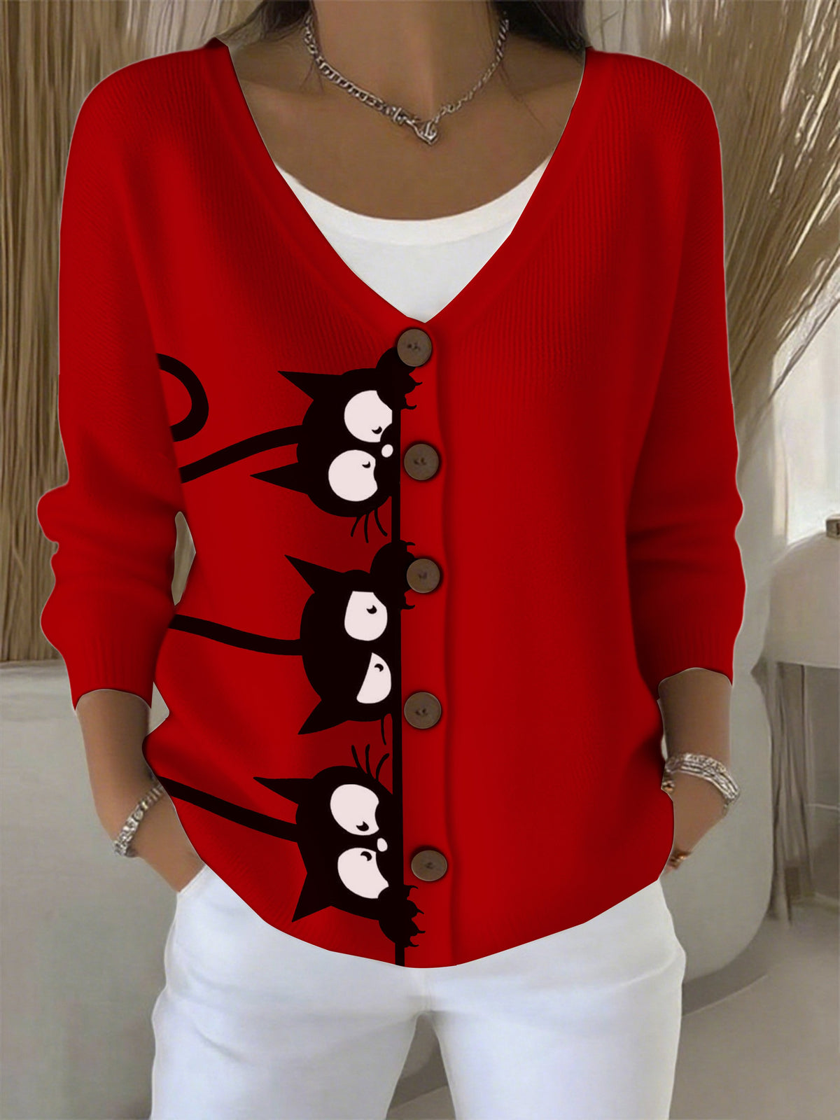 Women's Autumn Sleeping Black Cat Fun Printed Sweater Cardigan