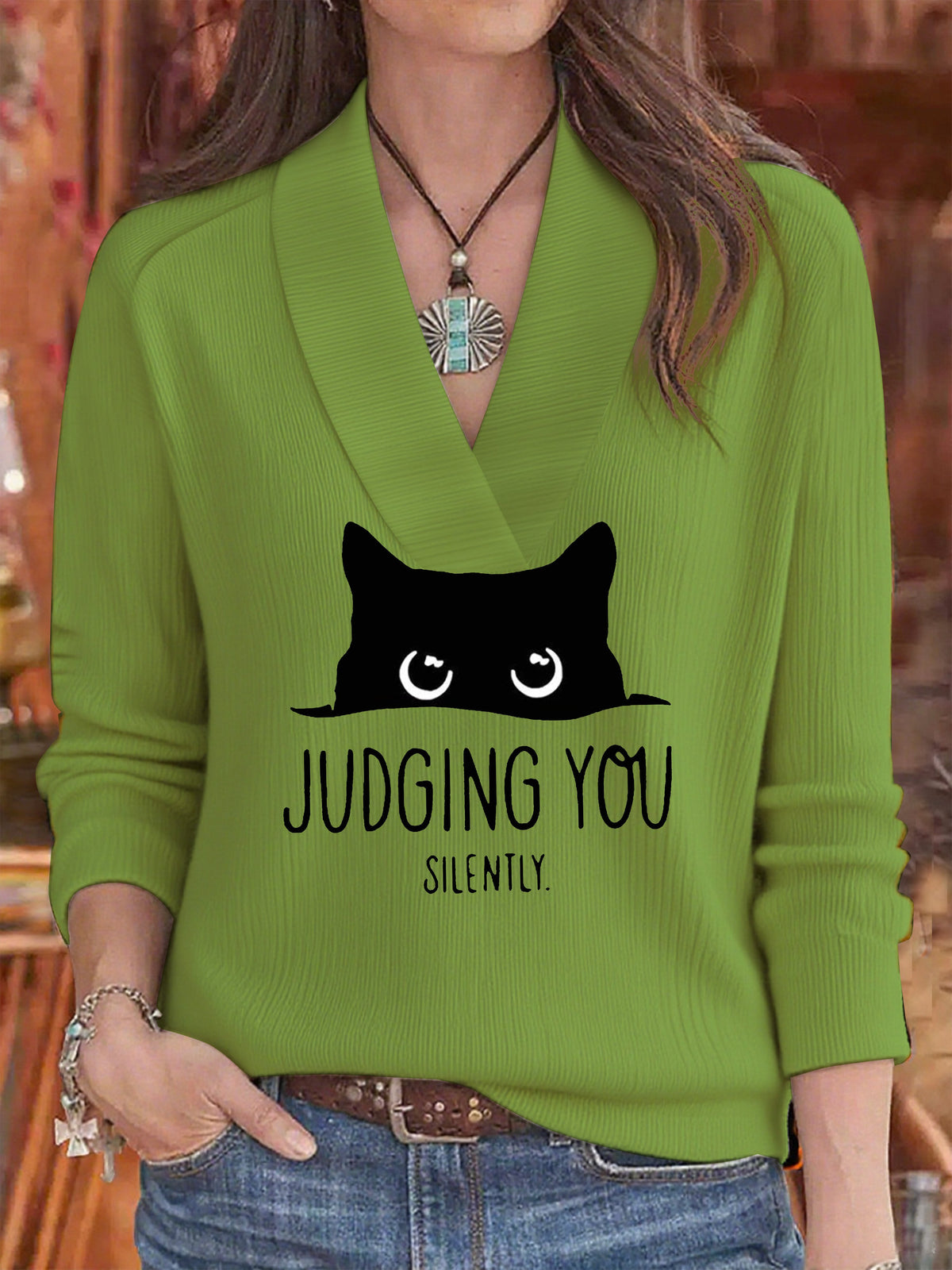 Women's Fall Look Black Cat Halloween Print Casual V-Neck Top