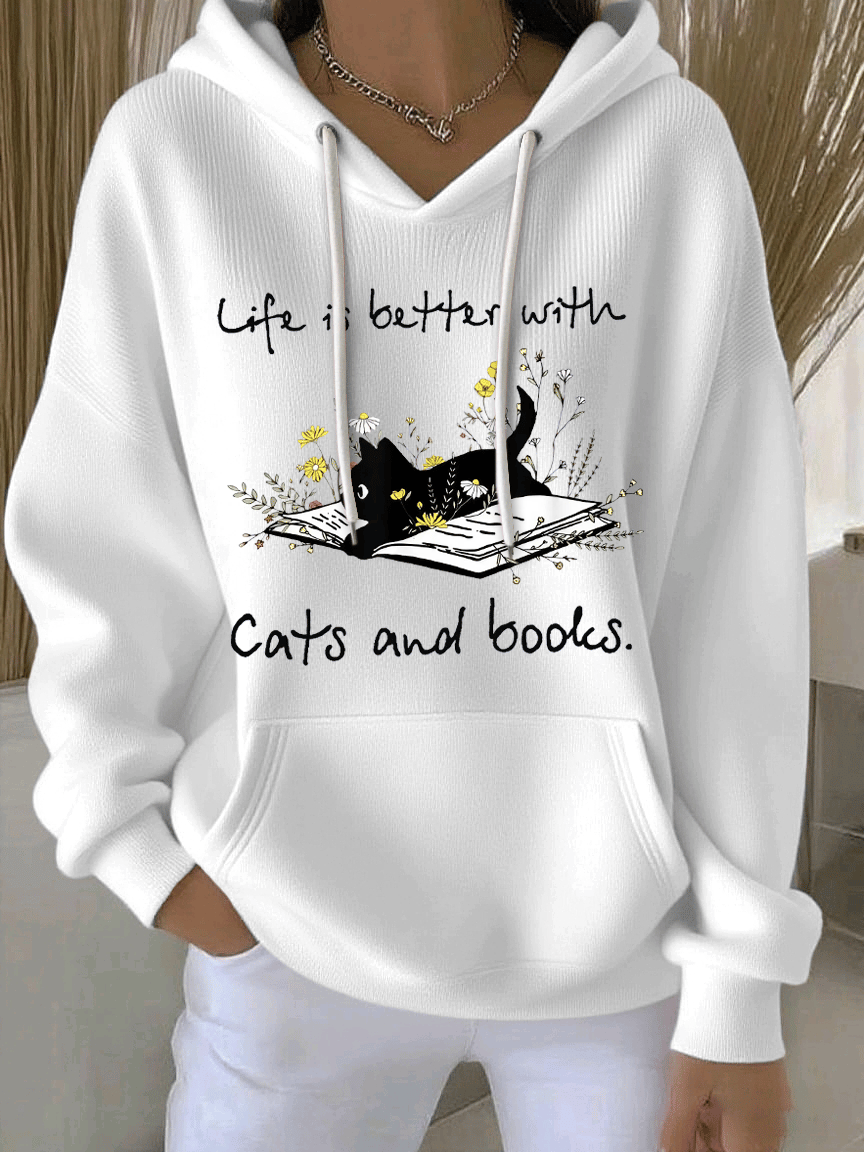 Women's Life Is Better With Cats And Books Print Casual Hooded Sweatshirt