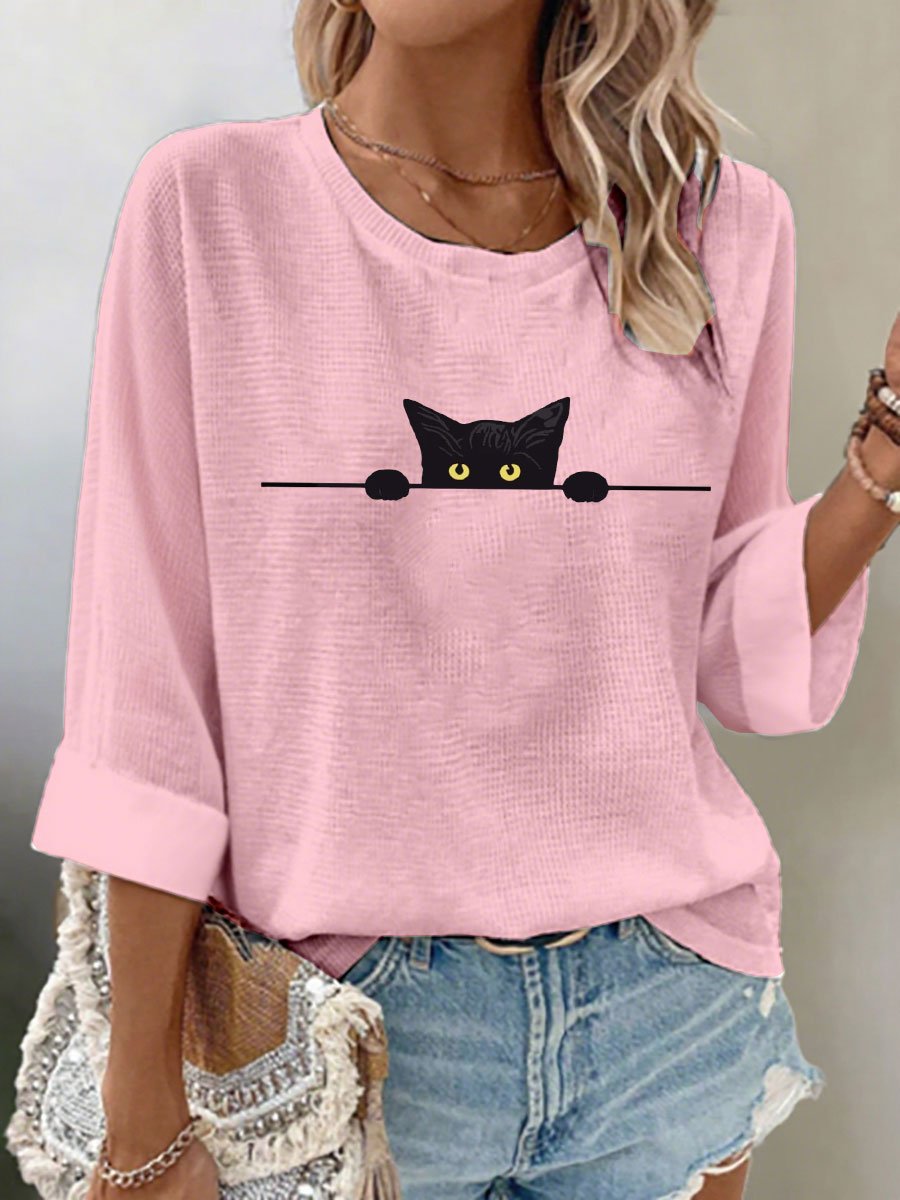 🐾Buy 3 Save 10%🐱Women's Cat Print Waffle Long Sleeve T-Shirt💛100% For Shelter Pets🐱🐶