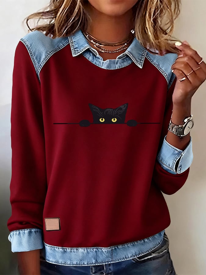 Women's Casual Cat Print Lapel Long Sleeve Top