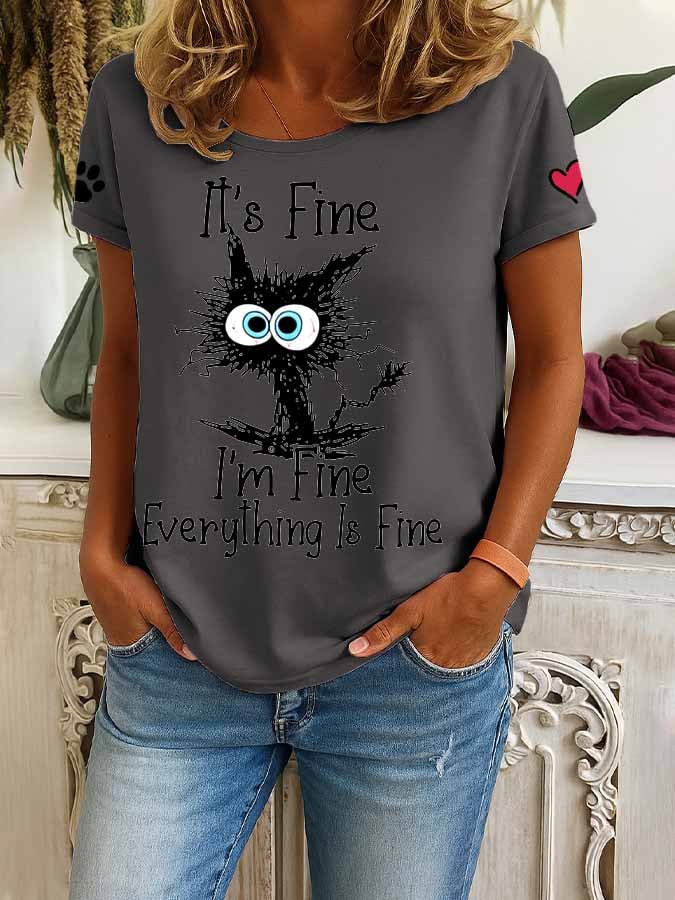 🐾Buy 3 Save 10%🐱Women's Retro It'S Fine I'M Fine Everything Is Fine Cat Print T-Shirt💛100% For Shelter Pets🐱🐶