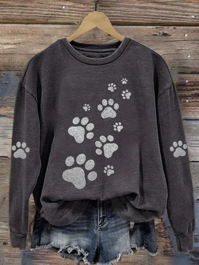 Women'S Silver Glitter CAT Paw Print Casual Sweatshirt