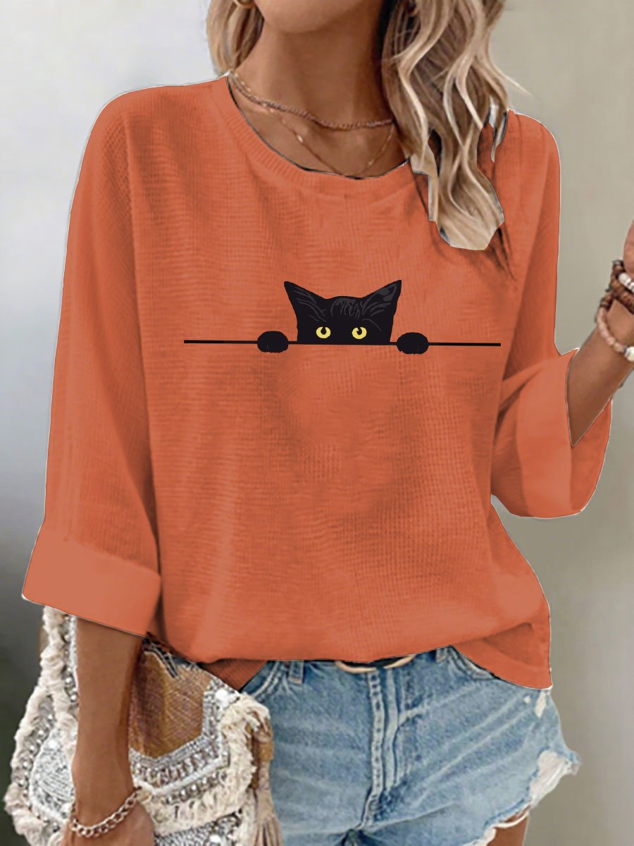 🐾Buy 3 Save 10%🐱Women's Cat Print Waffle Long Sleeve T-Shirt💛100% For Shelter Pets🐱🐶