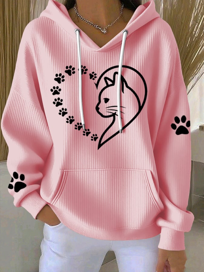 Women's Heart Paw Print Casual Hoodie Sweatshirt