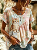 🐾 Buy 3 Save 10%🐱Women's Casual Animal Cat Floral Cotton Linen Top💛100% For Shelter Pets🐱🐶