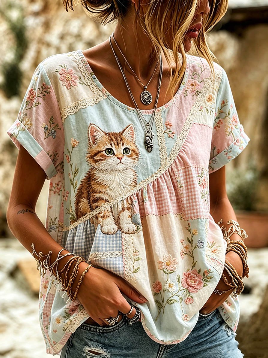 🐾 Buy 3 Save 10%🐱Women's Casual Animal Cat Floral Cotton Linen Top💛100% For Shelter Pets🐱🐶