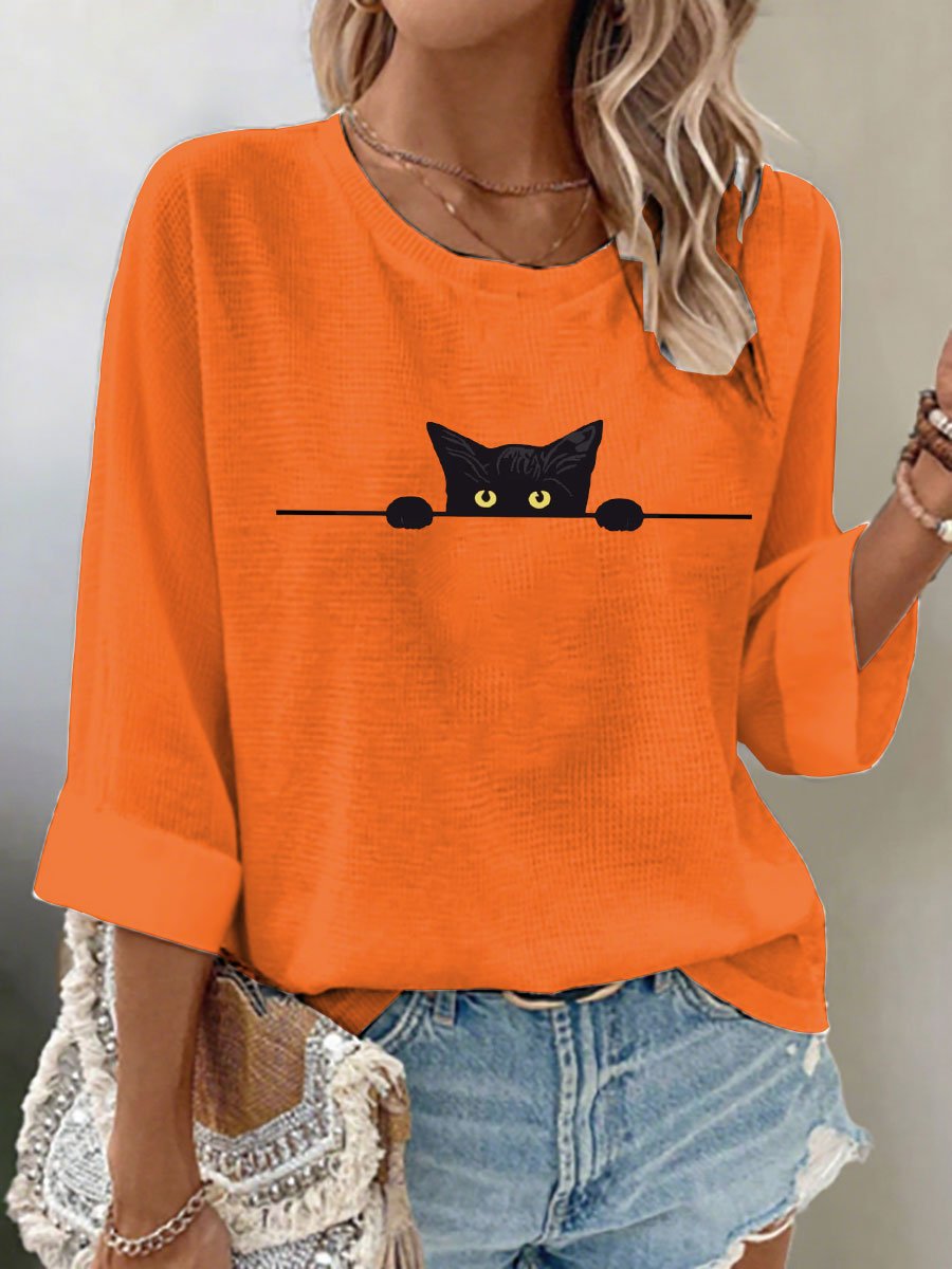 🐾Buy 3 Save 10%🐱Women's Cat Print Waffle Long Sleeve T-Shirt💛100% For Shelter Pets🐱🐶