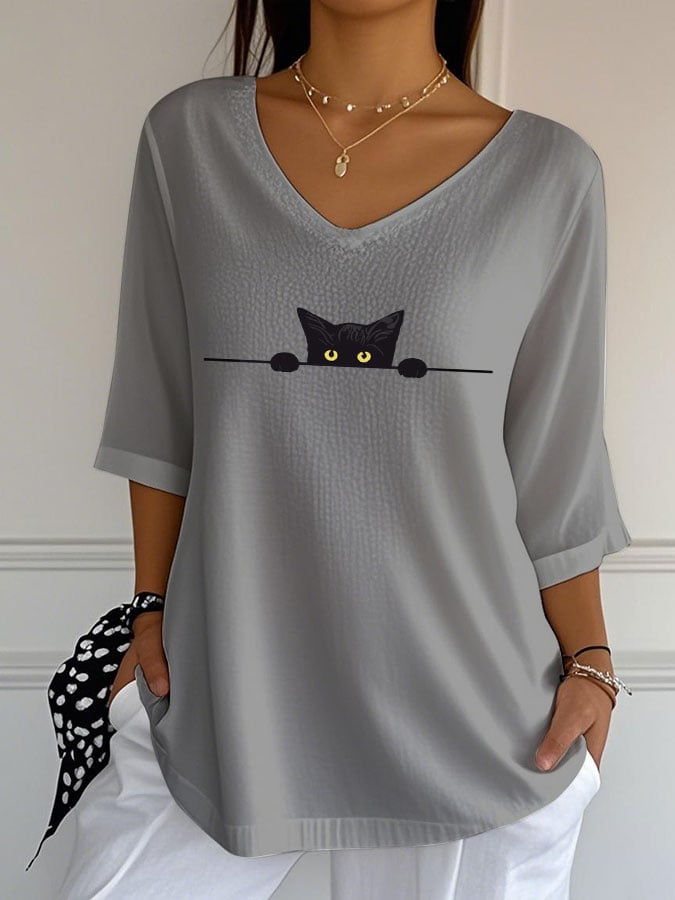 🐾Buy 3 Save 10%🐱Women's Cute Cat Print Casual V-Neck T-Shirt💛100% For Shelter Pets🐱🐶