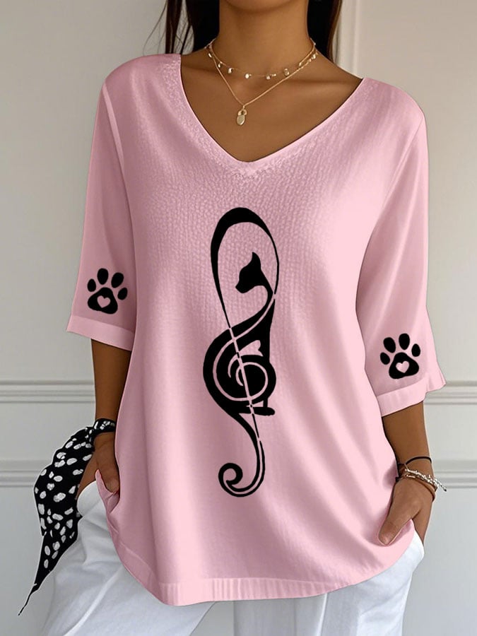 Women's Cute Cat Print Casual V-Neck T-Shirt