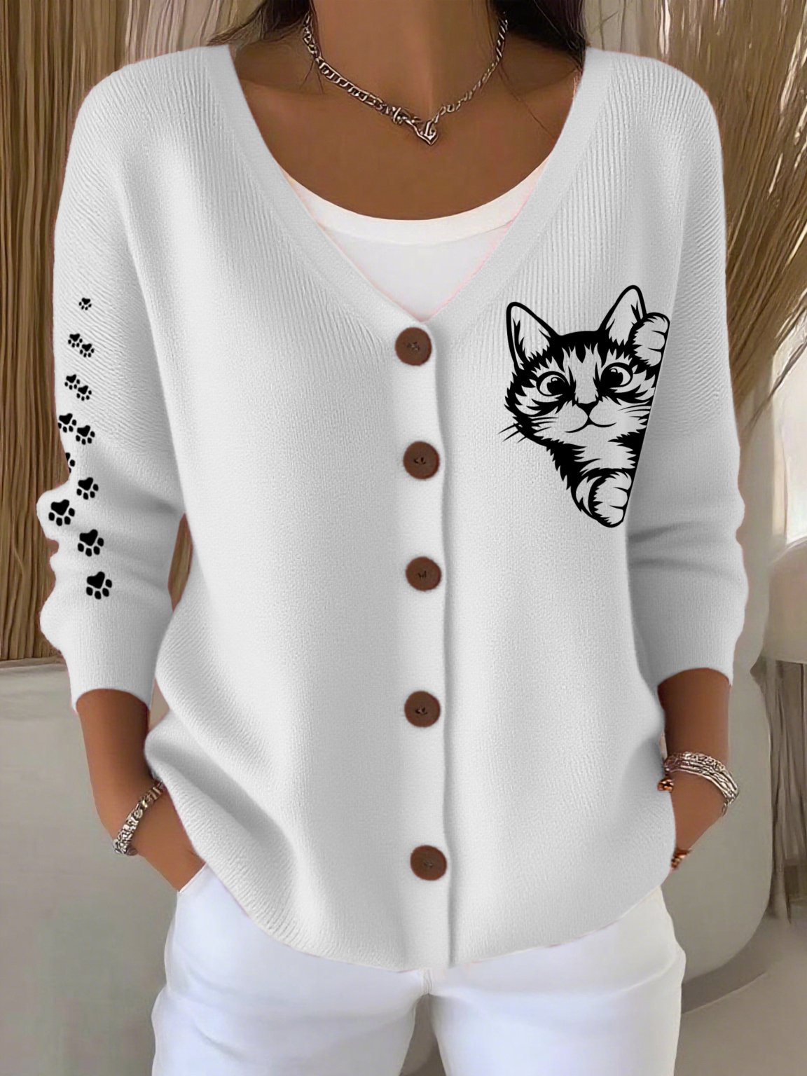 Women's Cute Cat Print Casual Cardigan
