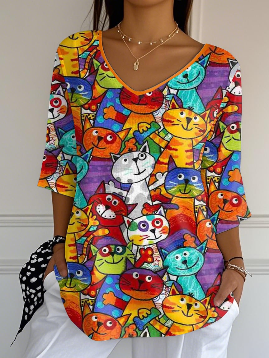 🐾Buy 3 Save 10%🐱Women's Retro Funny Animal Cat Print Mid Sleeve T-Shirt💛100% For Shelter Pets🐱🐶
