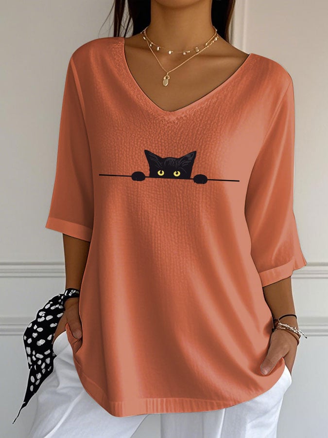 🐾Buy 3 Save 10%🐱Women's Cute Cat Print Casual V-Neck T-Shirt💛100% For Shelter Pets🐱🐶