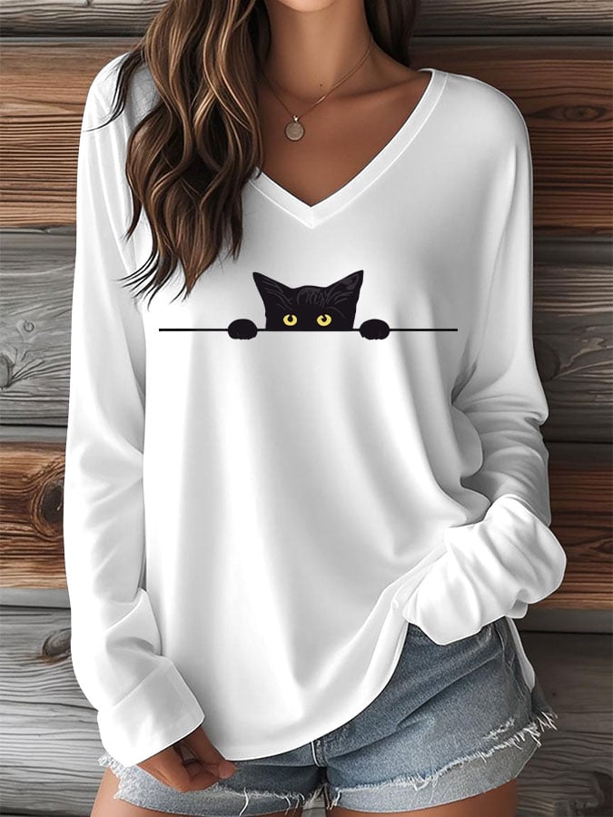 Women's Cat Print V-Neck Long Sleeve T-Shirt