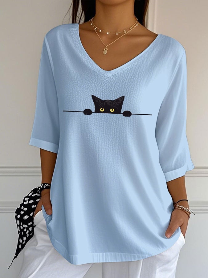 🐾Buy 3 Save 10%🐱Women's Cute Cat Print Casual V-Neck T-Shirt💛100% For Shelter Pets🐱🐶
