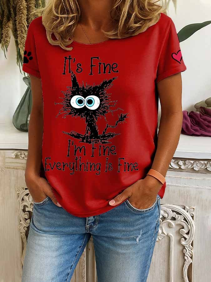 🐾Buy 3 Save 10%🐱Women's Retro It'S Fine I'M Fine Everything Is Fine Cat Print T-Shirt💛100% For Shelter Pets🐱🐶