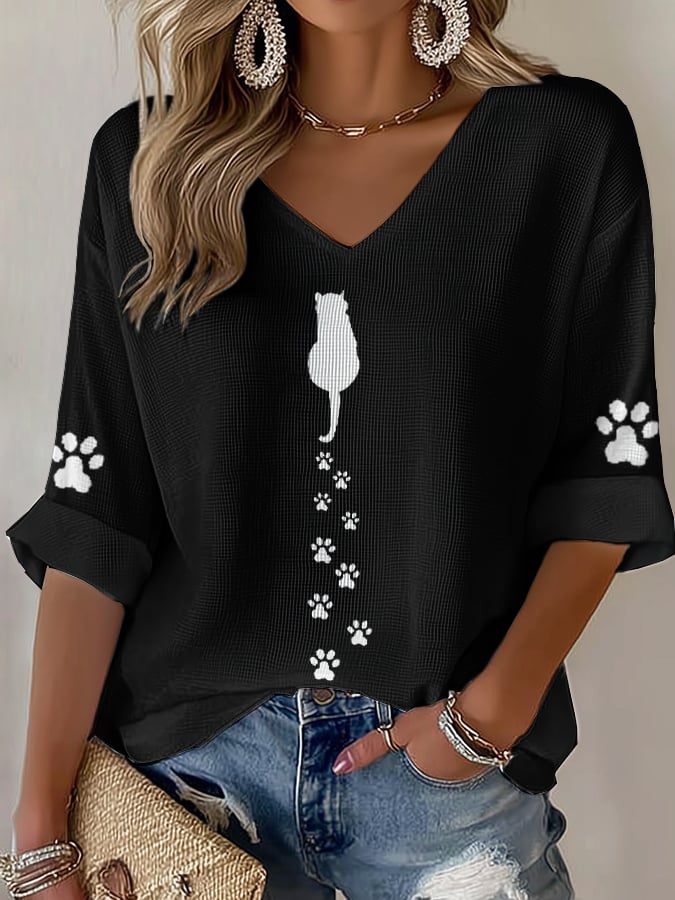 🐾Buy 3 Save 10%🐱Women's Cute Cat Print Waffle T-shirt💛100% For Shelter Pets🐱🐶