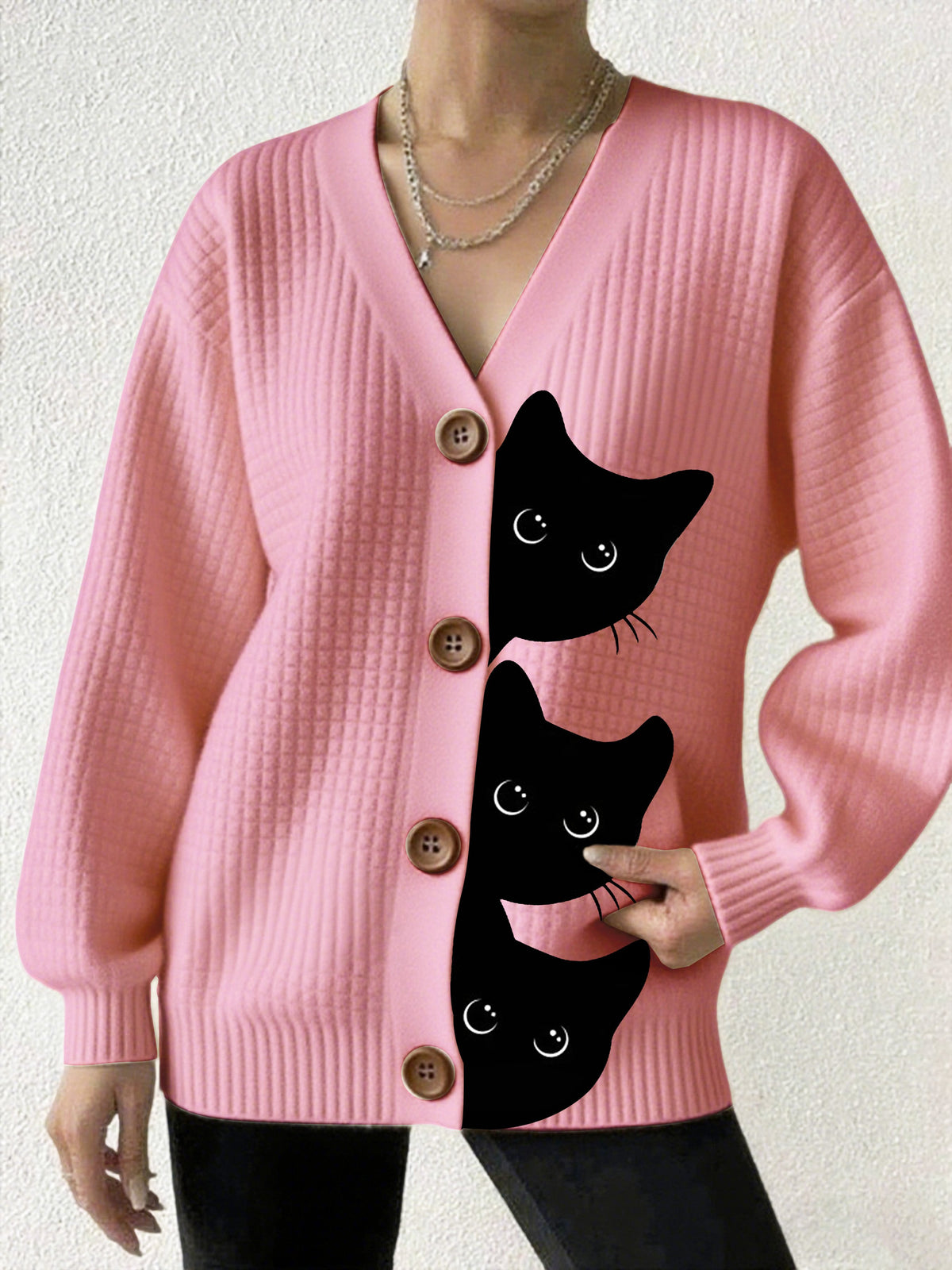 Women's Halloween Fun Black Cat Print Cardigan Sweater