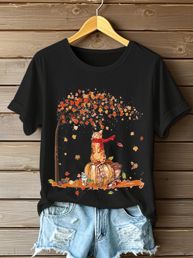 Women's Retro  It’s Fall Y’all Cute Cat Print T-Shirt